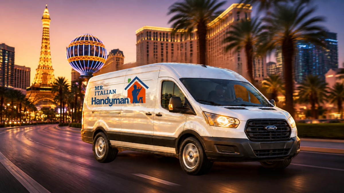 Mr. Italian Handyman van driving through Las Vegas at sunset